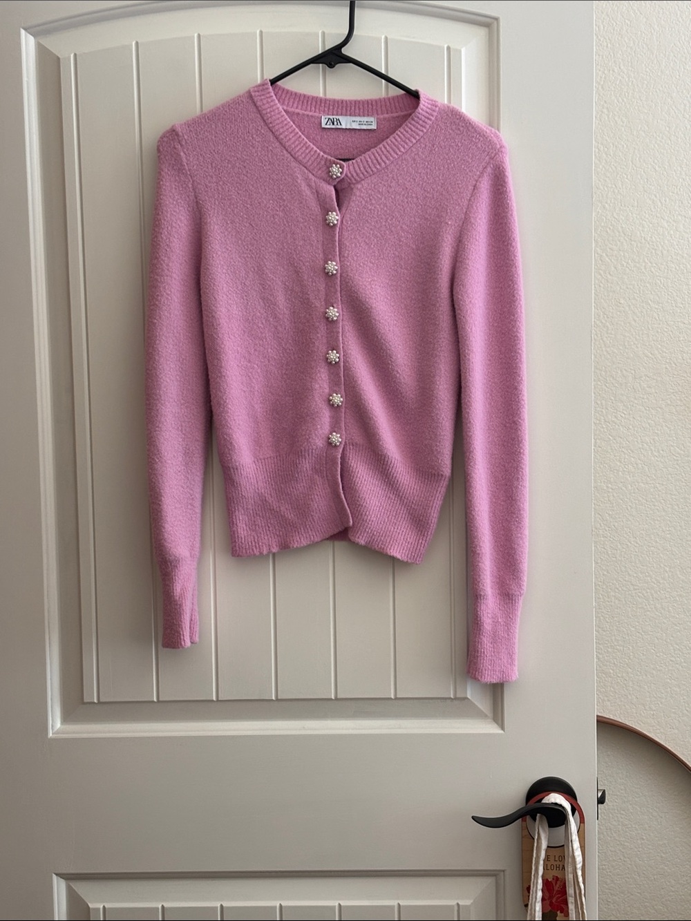 Zara Light Pink Pearl-Button Knit Cardigan